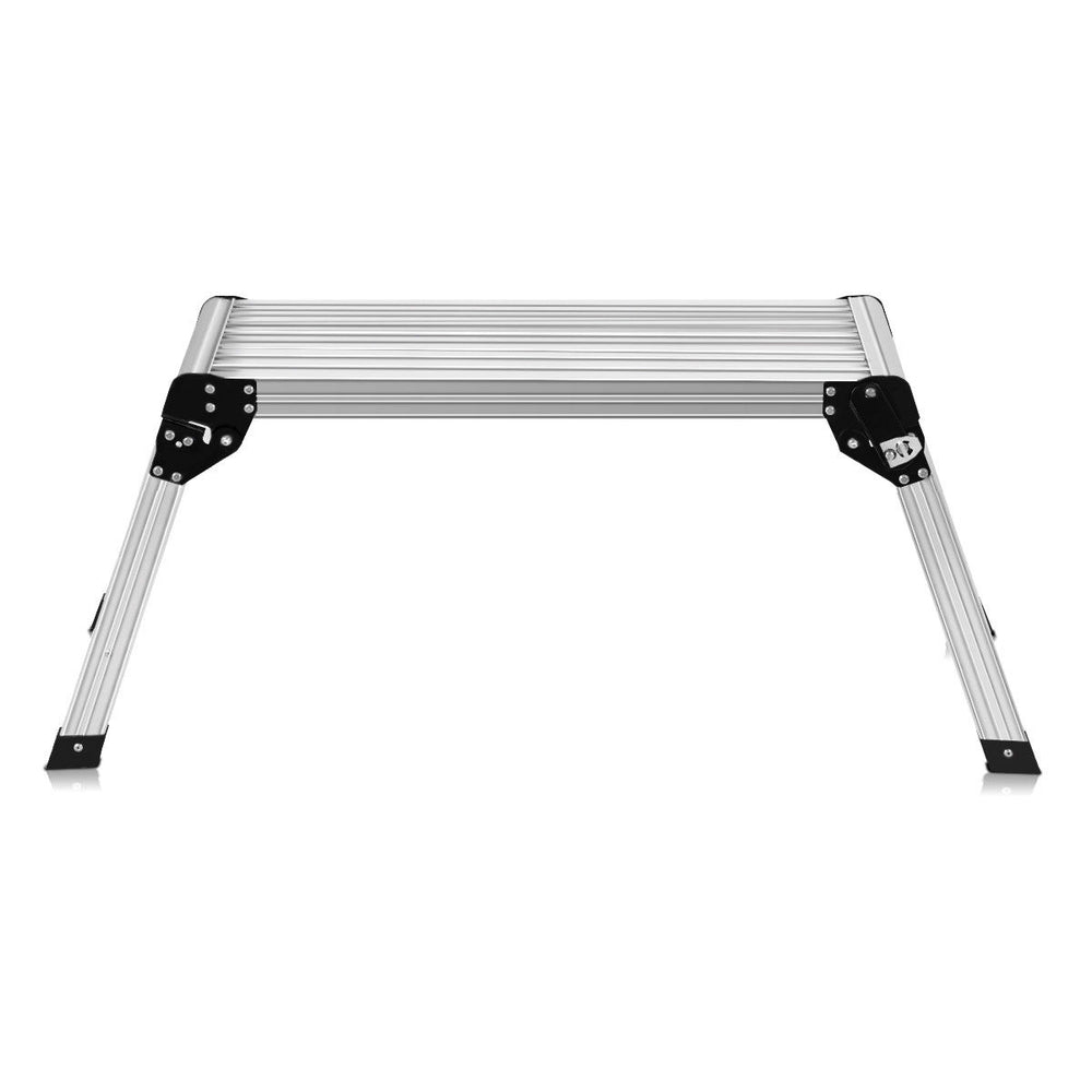 Heavy duty portable aluminum folding step ladder with locking legs and skid resistant feet for safety and stability.