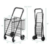 Folding shopping cart with adjustable handle, two baskets, and durable black construction for easy transport and.