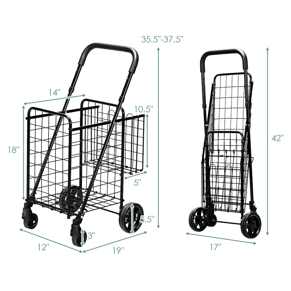Folding shopping cart with adjustable handle, two baskets, and durable black construction for easy transport and.