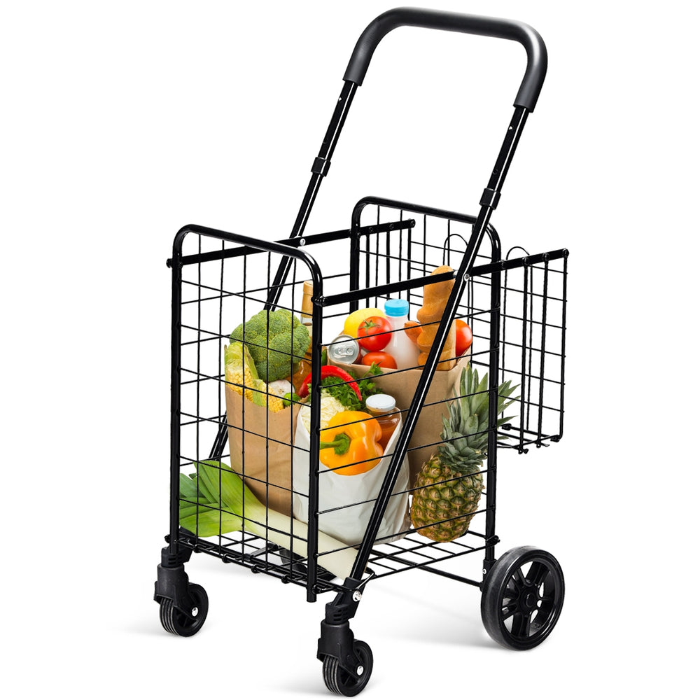 Folding shopping cart with adjustable handle, featuring two baskets for groceries and personal items, ideal for easy.