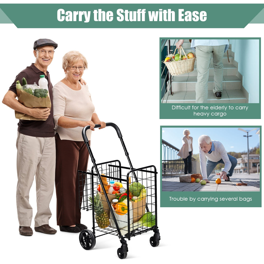 Folding shopping cart with spacious dual baskets, designed for effortless mobility and convenient grocery transport.