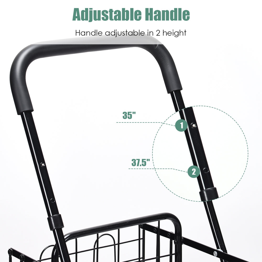 Adjustable handle of the black folding shopping cart, height adjustable from 35" to 37.5" for user convenience.