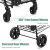 Detail of the folding shopping cart's 360° front swivel wheels and oversized rear wheels for easy mobility and.