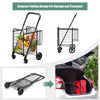 Folding shopping cart with adjustable handle, featuring two baskets for secure storage and easy transport.