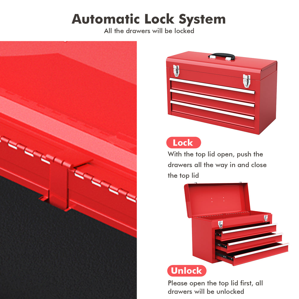 Portable red garage mechanic tool cabinet box with 3 drawers and easy grip handle for convenient transportation.
