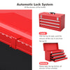 Portable red garage mechanic tool cabinet box with 3 drawers and easy grip handle for convenient transportation.