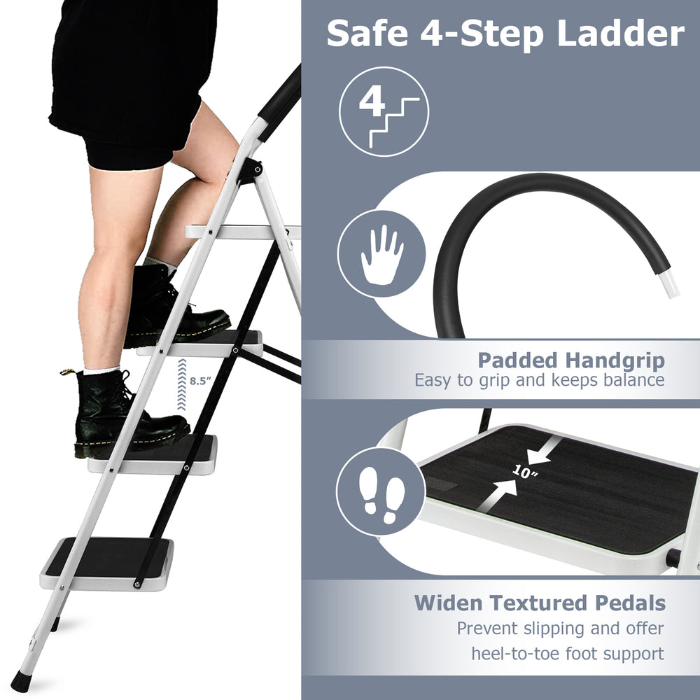 4-step folding ladder with anti-slip pedal platform, featuring padded handgrip and sturdy iron construction for safety.
