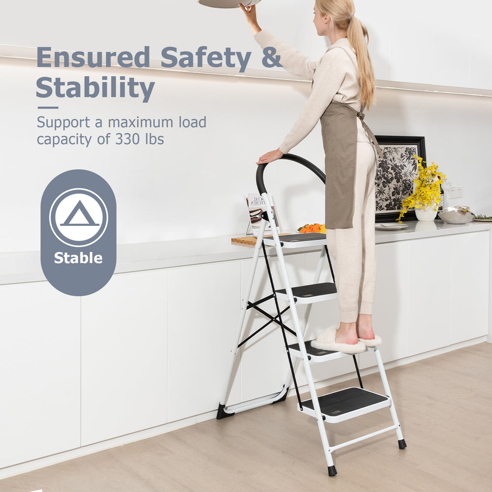 4-step folding ladder with anti-slip pedal platform, sturdy iron construction, supports 330 lbs, ideal for home use.