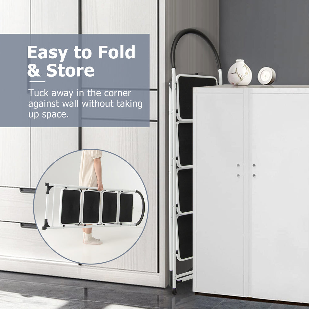 4-step folding ladder with anti-slip pedal, featuring a lightweight design for easy storage and a 330 lbs capacity.