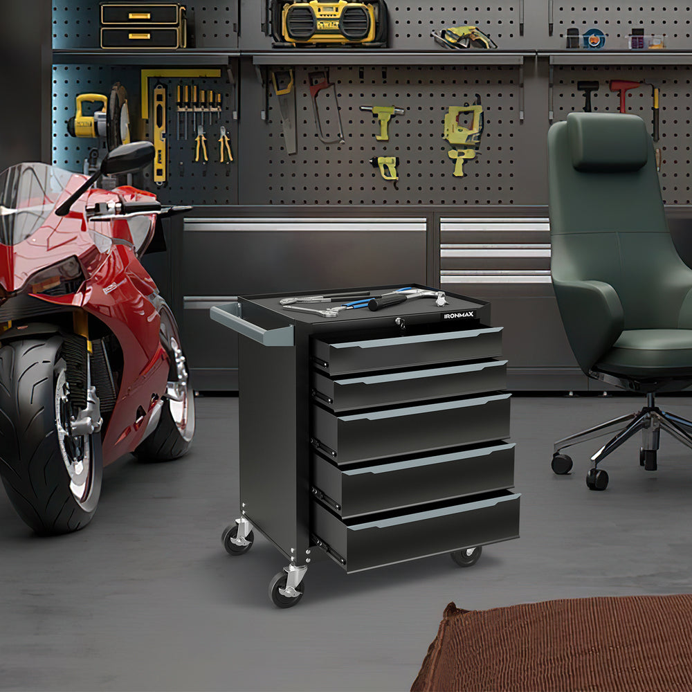 5-drawer black tool storage cabinet with central locking, designed for garage or workshop use, featuring a top.