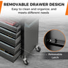 5-drawer tool storage cabinet in black with removable drawers, central locking system, and swivel wheels for easy.