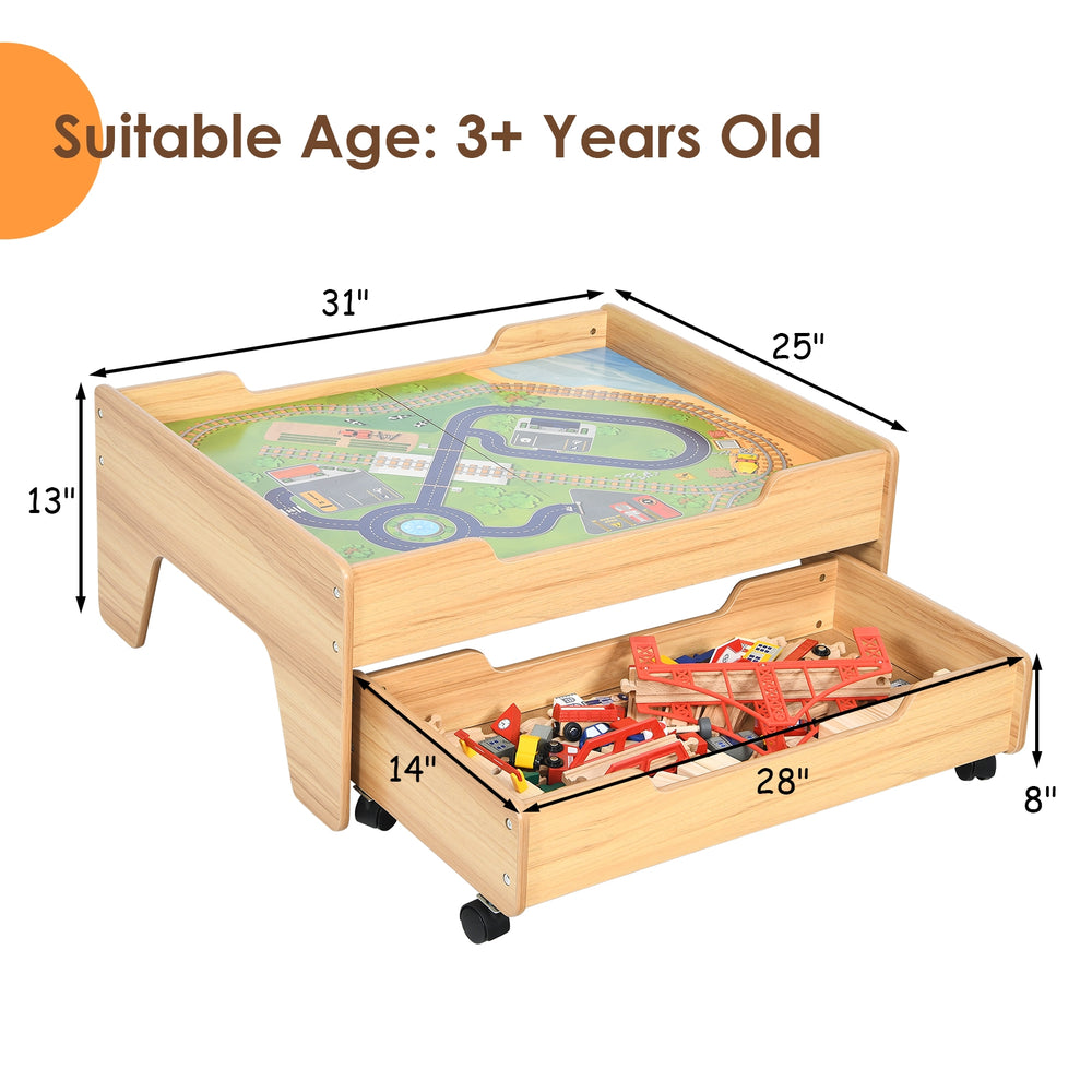 Kids wooden train set table with colorful pieces, storage drawer, and lockable wheels for safe and imaginative play.