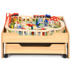 Kids wooden train set table showcasing a detailed view of vibrant characters and buildings for creative play and.