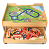 Kids wooden train set table with colorful pieces, storage drawer, and lockable wheels for imaginative play and.