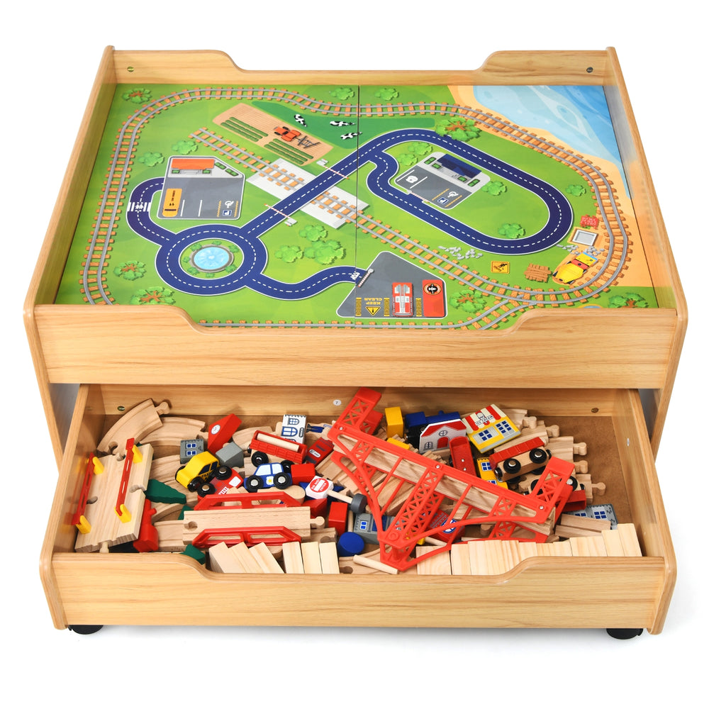 Kids wooden train set table with colorful pieces, storage drawer, and lockable wheels for imaginative play and.