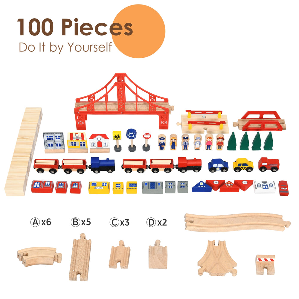 Colorful 100-piece kids wooden train set with vehicles, characters, and bridges for imaginative play and easy assembly.