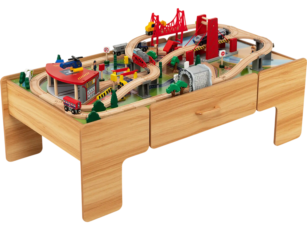 100-Piece Double-Sided Wooden Train Set Table with Storage Drawer for Kids Age 3 +