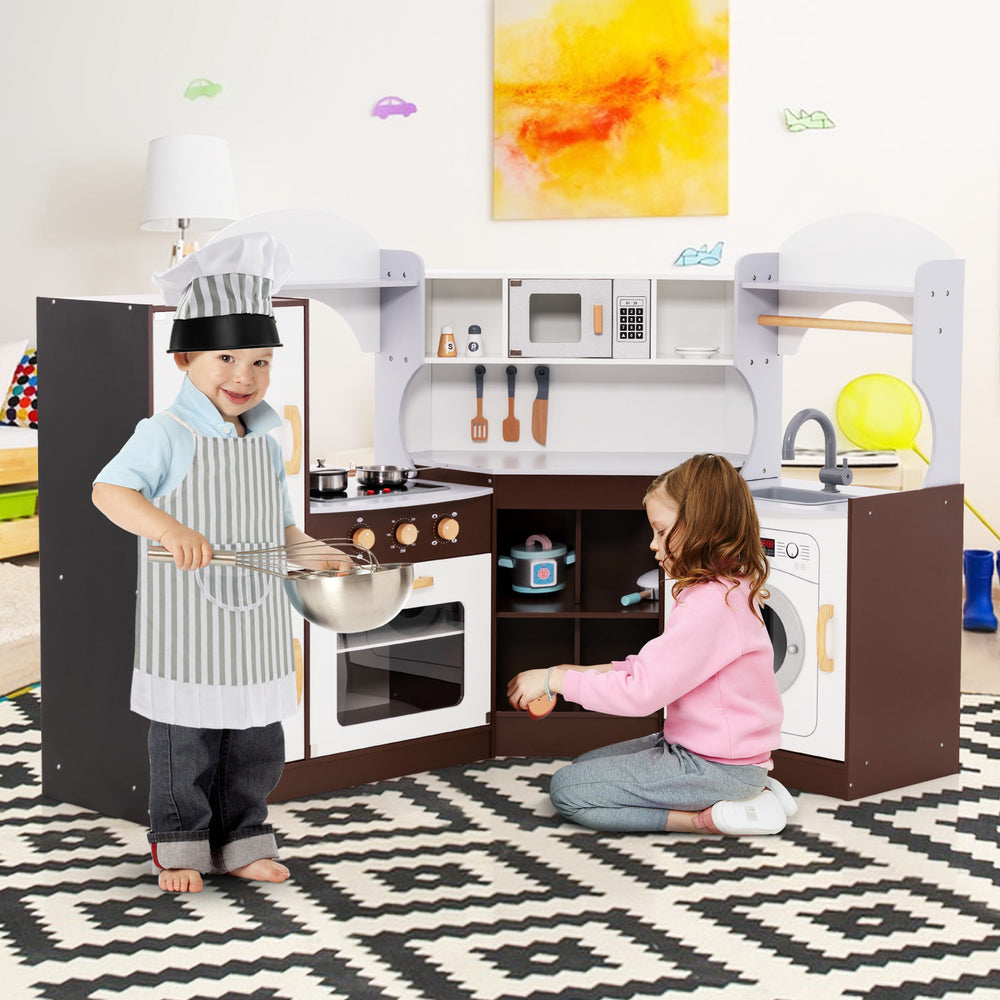 Toddler kitchen playset featuring a microwave, sink, and washing machine, perfect for kids aged 3+ to encourage.