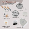 Toddler kitchen playset accessories including a skillet, pot with lid, plates, and spice bottles for imaginative.