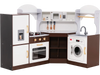 Toddler kitchen playset featuring a sink, washing machine, and ice maker, perfect for imaginative play in corner spaces.
