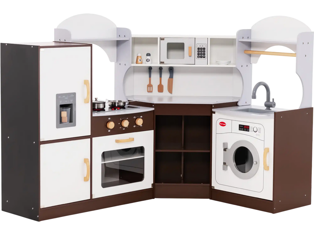 Toddler kitchen playset featuring a sink, washing machine, and ice maker, perfect for imaginative play in corner spaces.