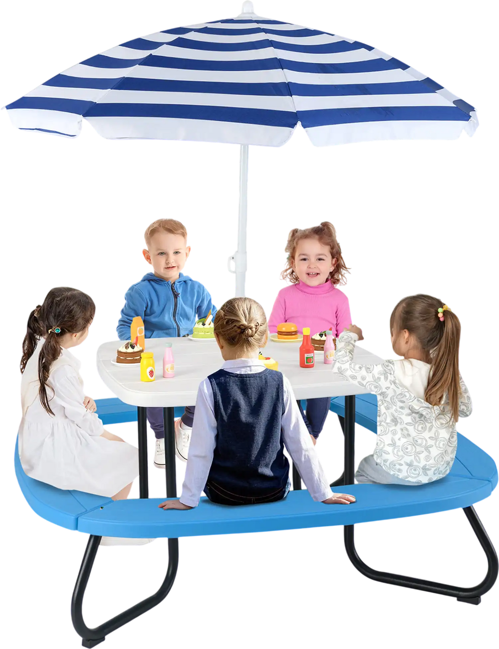 Toddler outdoor activity table with adjustable umbrella, featuring a sturdy metal frame, perfect for up to 8 kids.