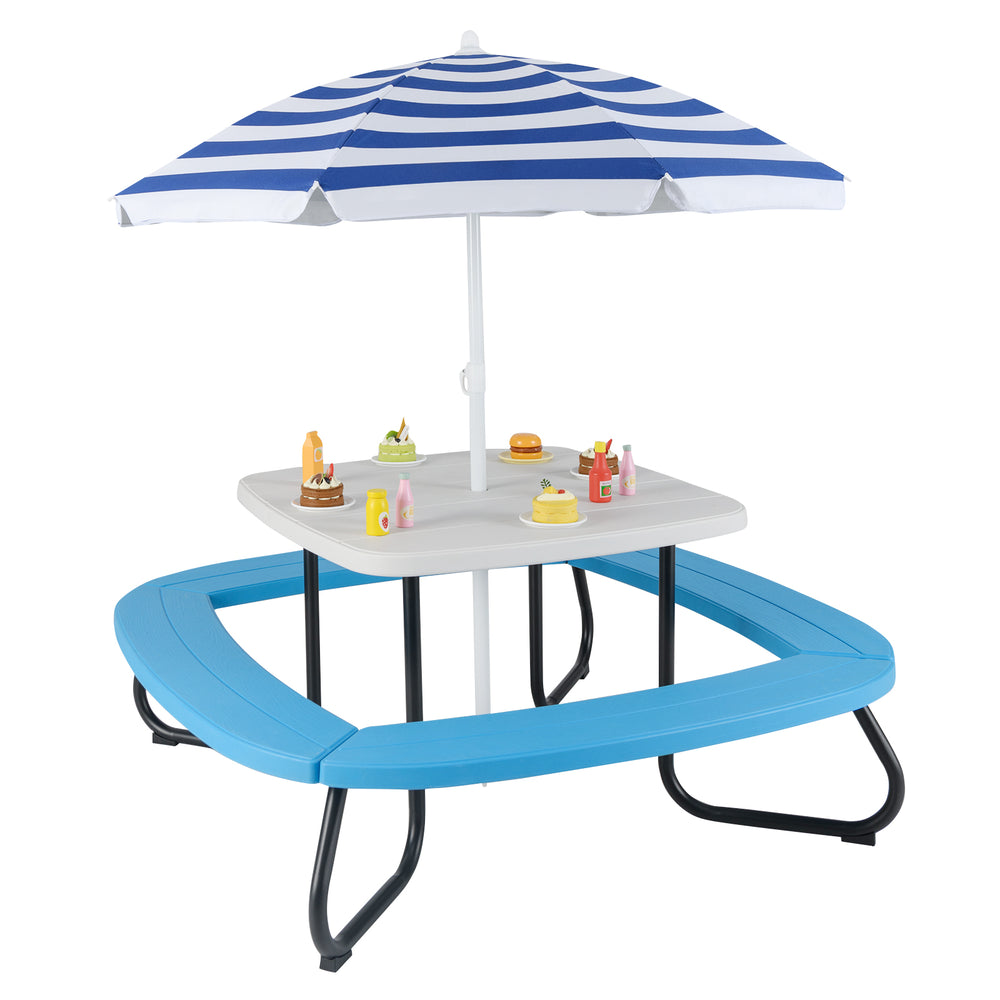 Toddler outdoor activity table with adjustable umbrella, made of weather-resistant HDPE, perfect for playtime and.
