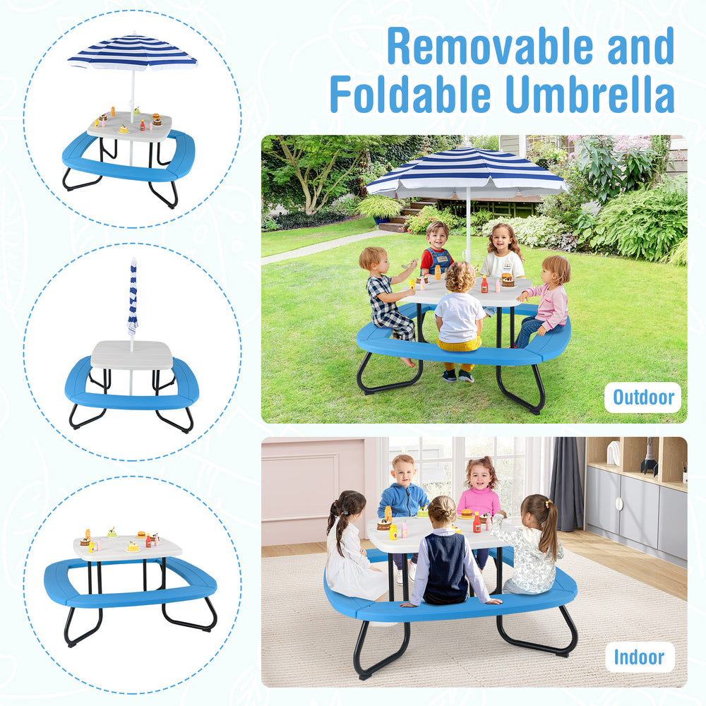 Toddler outdoor activity table with adjustable umbrella, weather-resistant HDPE, suitable for up to 8 kids indoors or.