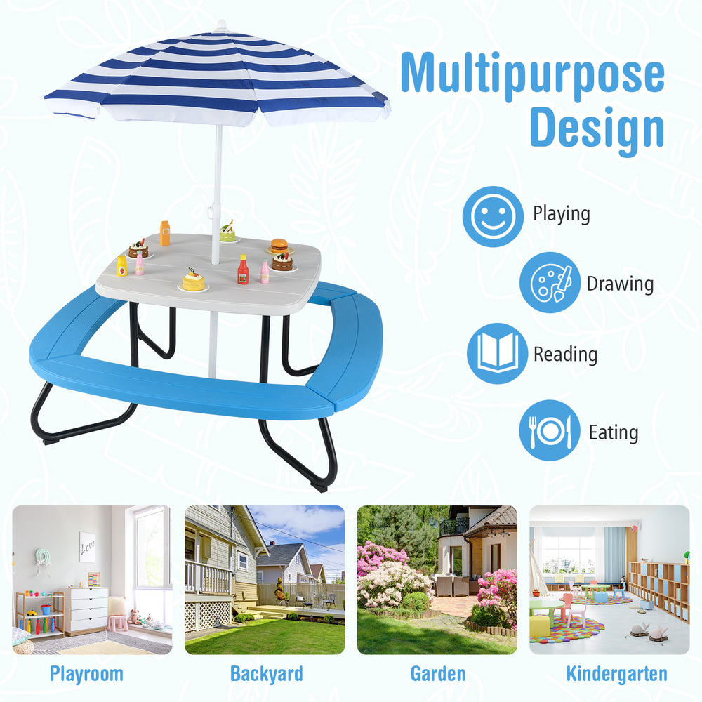Toddler outdoor activity table with adjustable umbrella, made of weather-resistant HDPE, perfect for play and dining.