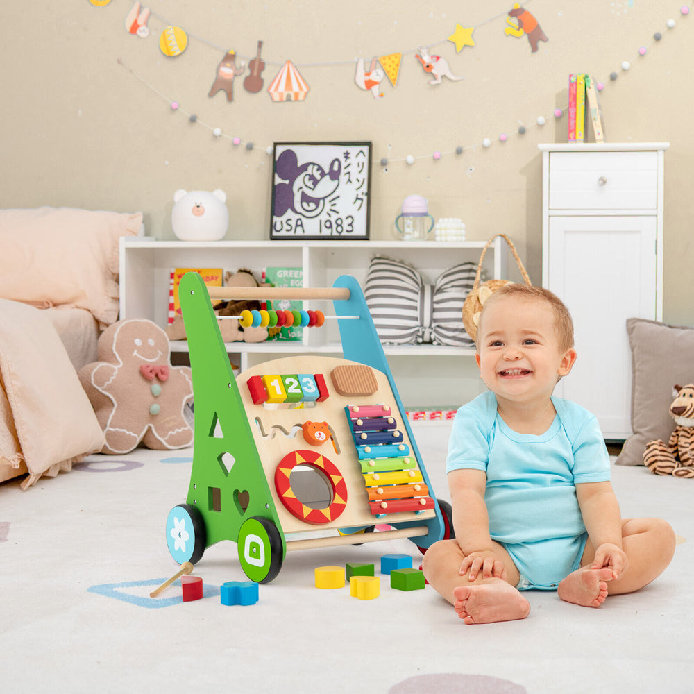 Colorful toddler push walker activity center toy with games, ergonomic design, and premium rubber wheels for safe play.