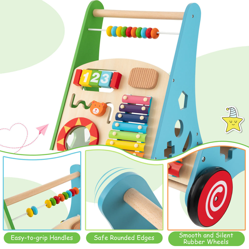 Toddler push walker activity center toy with easy-to-grip handle, smooth rubber wheels, and multiple built-in games.