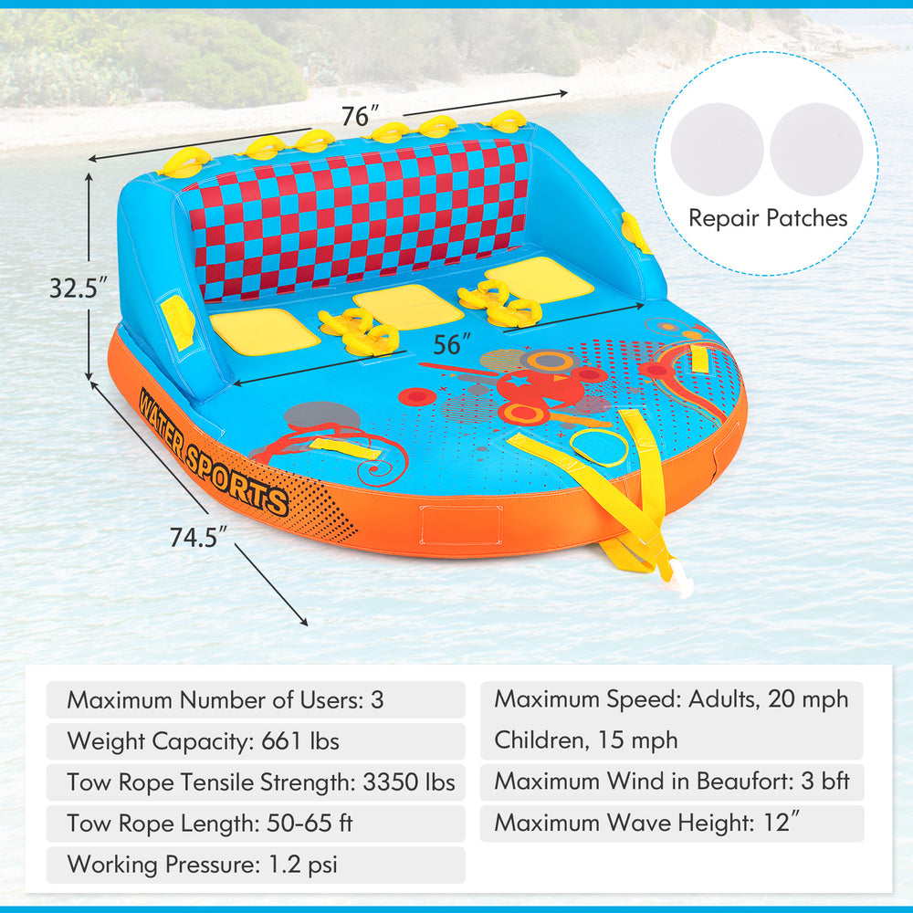 Inflatable towable tube for 3 riders with durable nylon cover, backrest, and easy-grip handles for water sports fun.