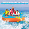 Towable boat tube for 3 people with nylon cover, featuring comfortable backrest and easy-grip handles for water sports.