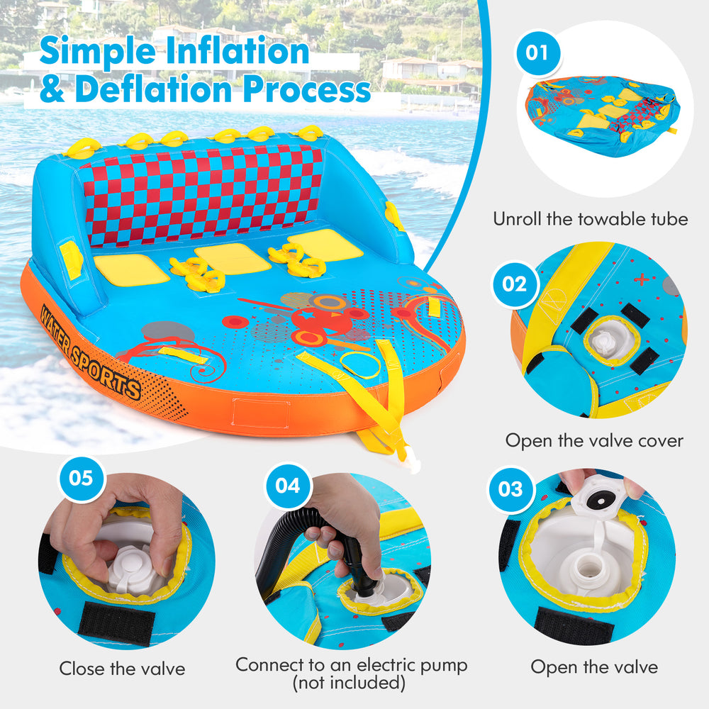 Inflatable towable tube for 3 riders with nylon cover, featuring backrest and easy inflation for water sports fun.