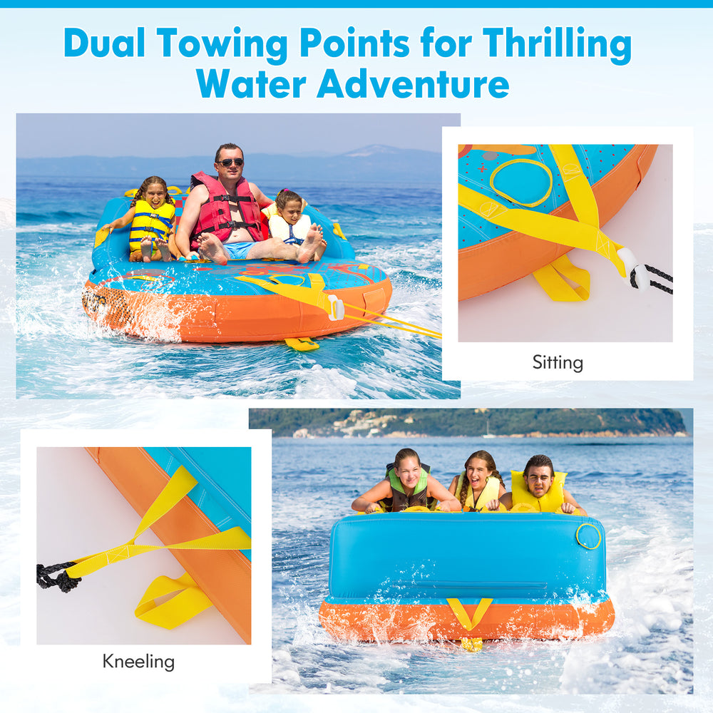 Towable tube for 3 riders with dual towing points, featuring a comfortable backrest and soft EVA pads for stability.