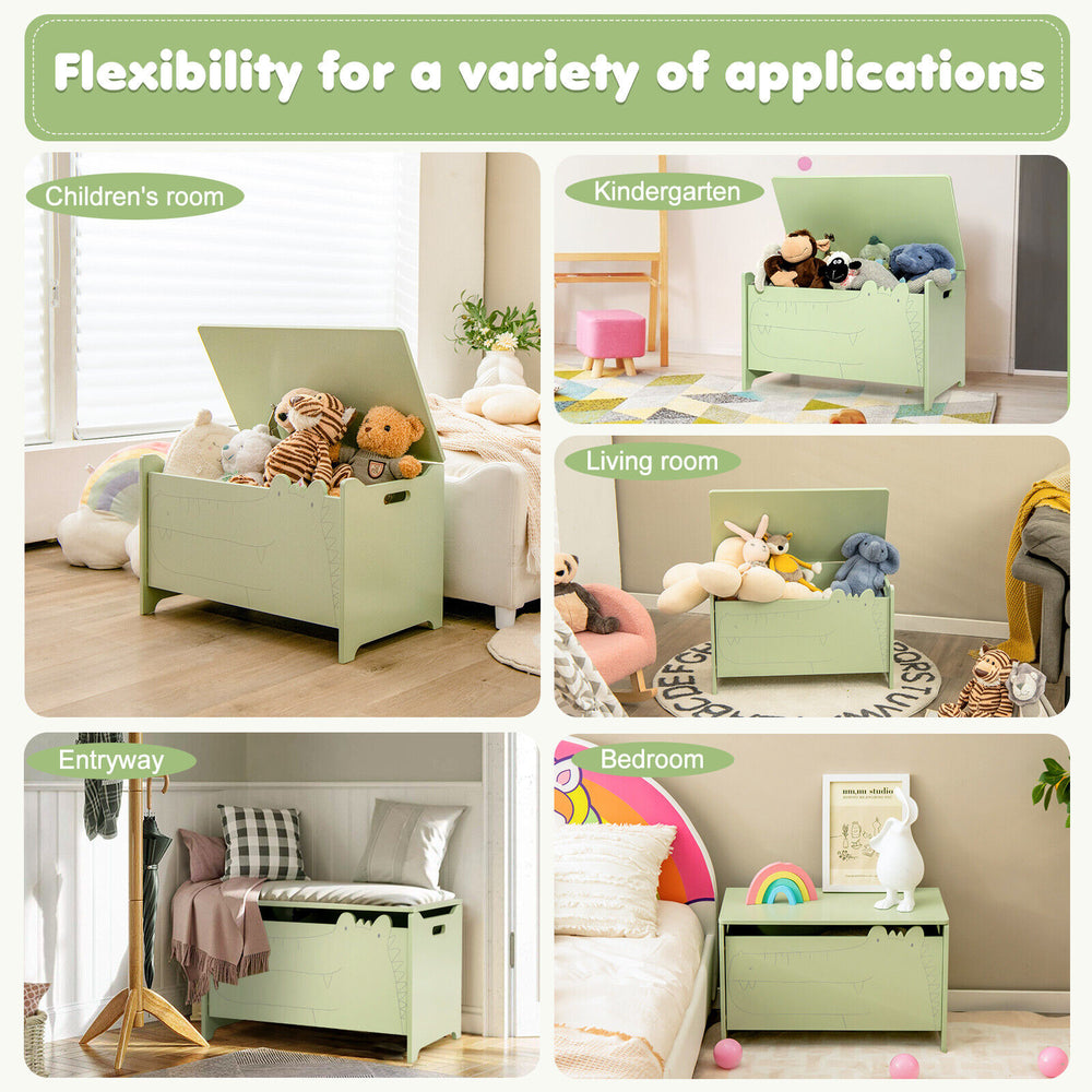 Green wooden kids toy box in crocodile shape with safety hinge, perfect for children's rooms and easy to clean.