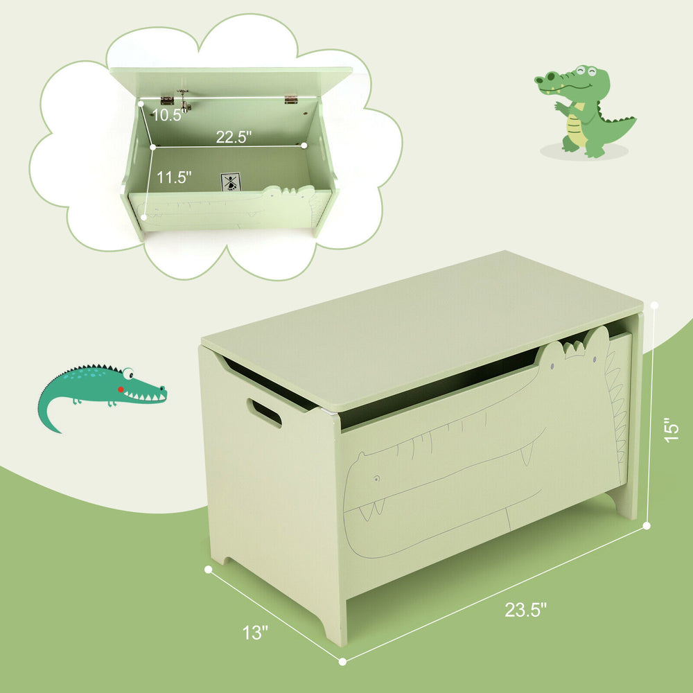 Wooden kids toy box in crocodile shape, green color, featuring safety hinge and handles for easy movement and storage.