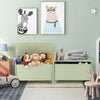 Green wooden kids toy box in crocodile shape with safety hinge, perfect for organizing toys in a children's room.