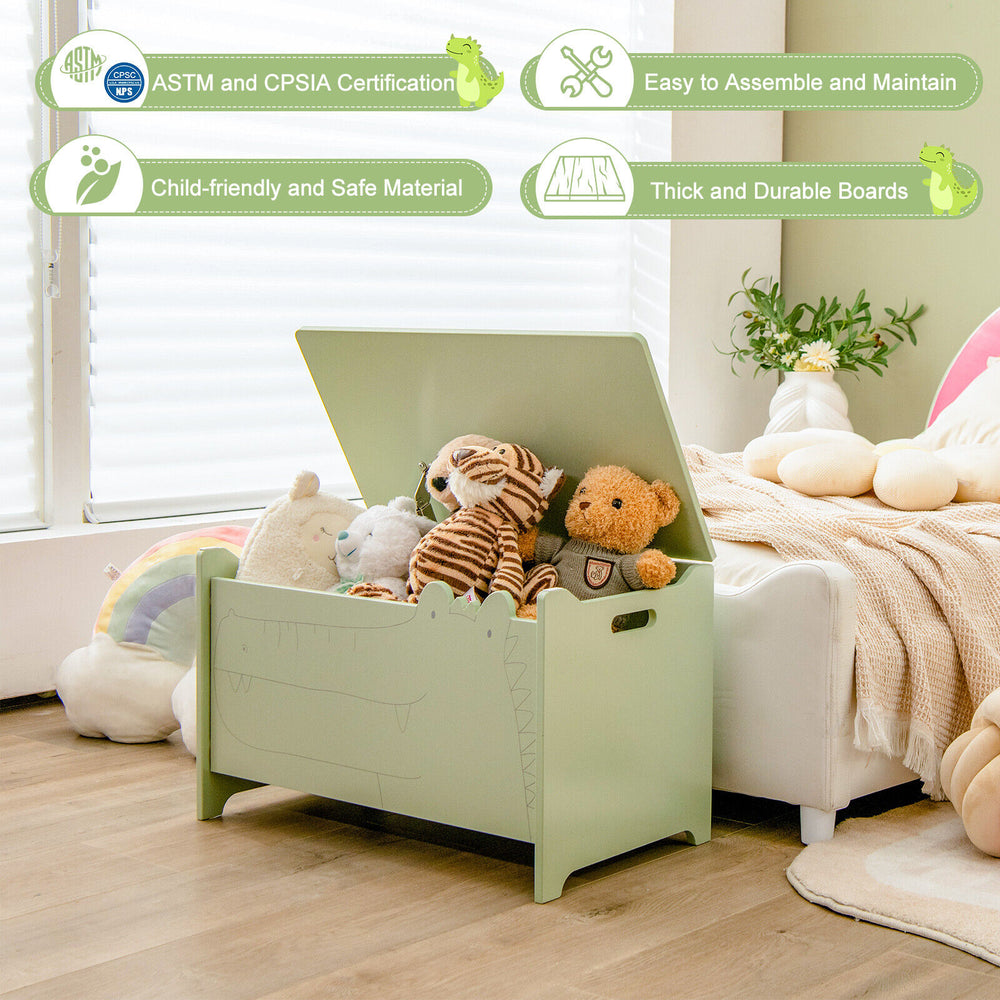Cute green crocodile-shaped wooden kids toy box with safety hinge, perfect for children's rooms and easy to clean.