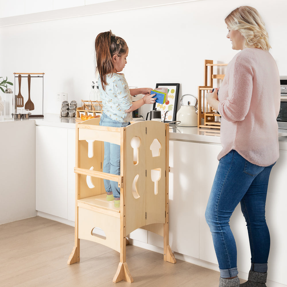 Folding Wooden Step Stool with Lockable Safety Rail for Toddler 3+-Natural - Gallery View 1 of 10