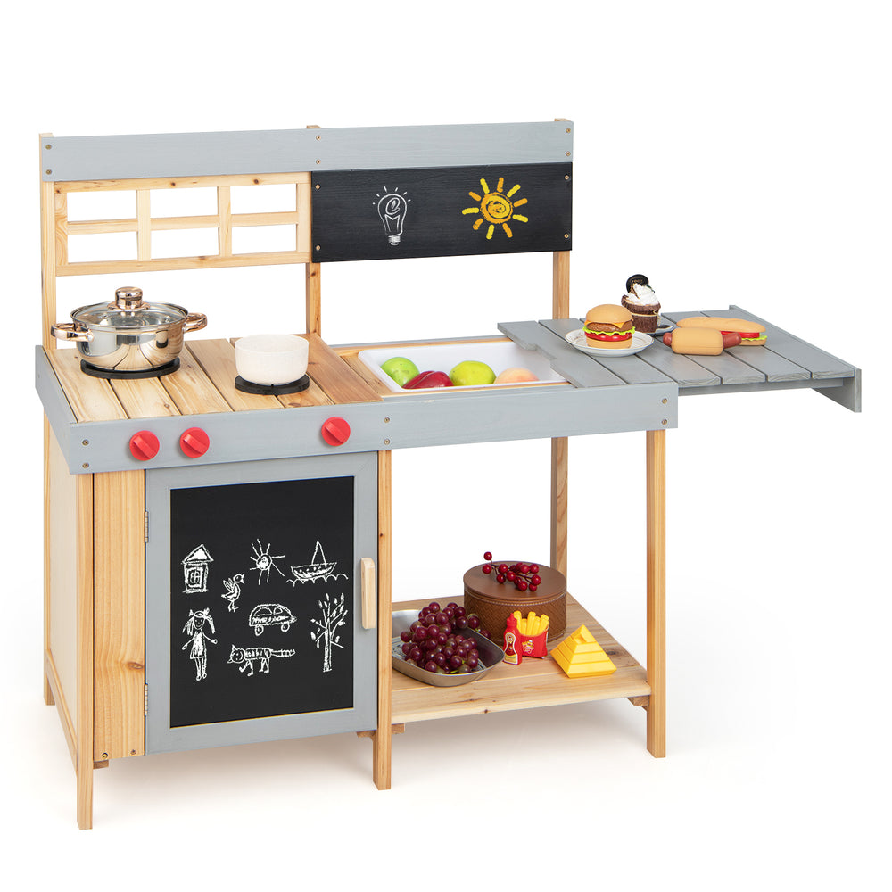 Outdoor kid's mud kitchen set with movable countertop, removable water box, and safe fir wood for imaginative play.