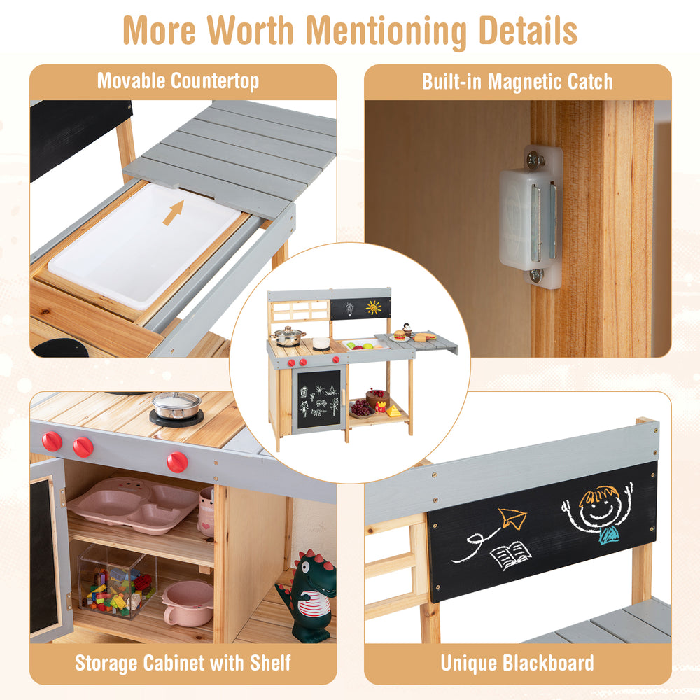 Outdoor kid's mud kitchen set featuring a movable countertop, storage cabinet, and unique blackboard for imaginative.