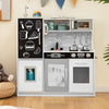 Toddler pretend play kitchen in white with removable sink, stove, and blackboard for imaginative cooking fun.