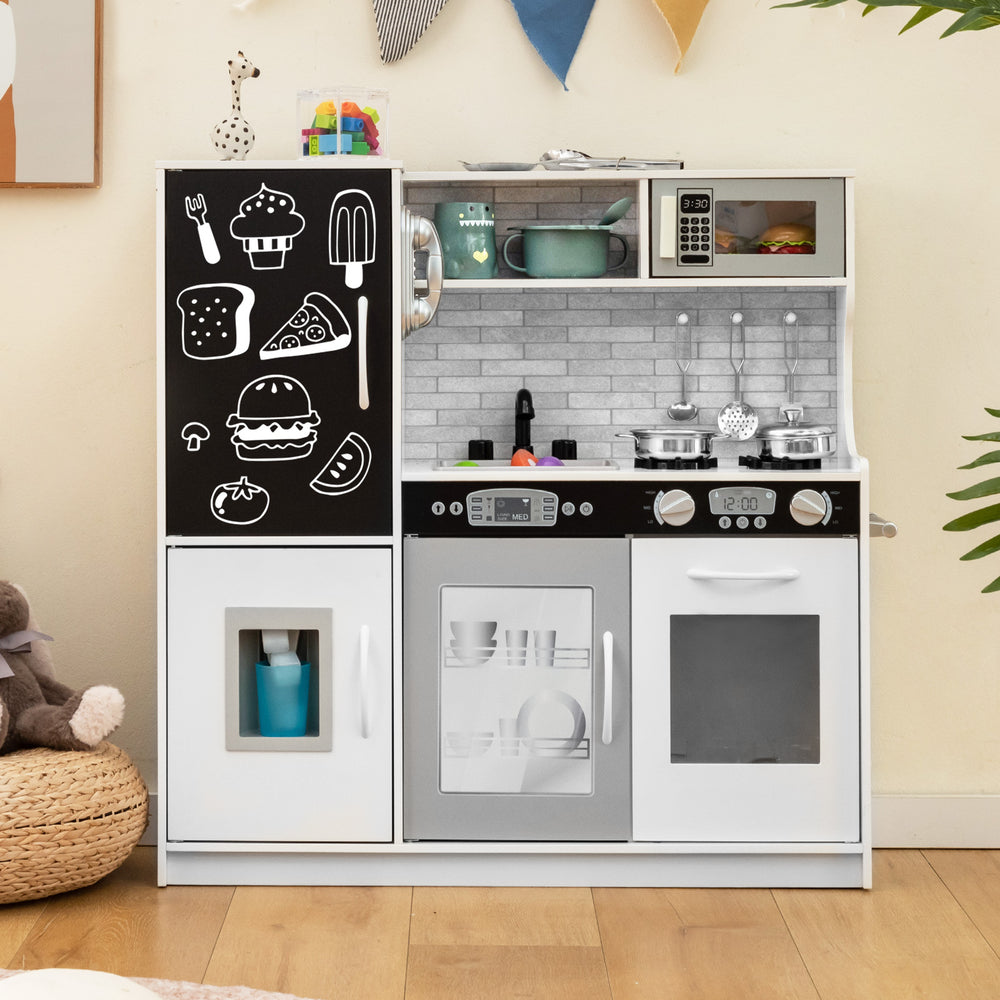 Toddler pretend play kitchen in white with removable sink, stove, and blackboard for imaginative cooking fun.