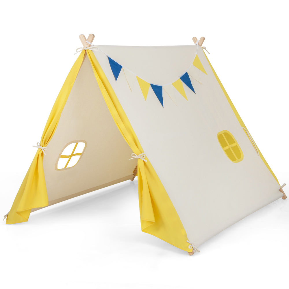 Kids play tent in yellow with solid wood frame, featuring windows and flags, perfect for indoor and outdoor fun.