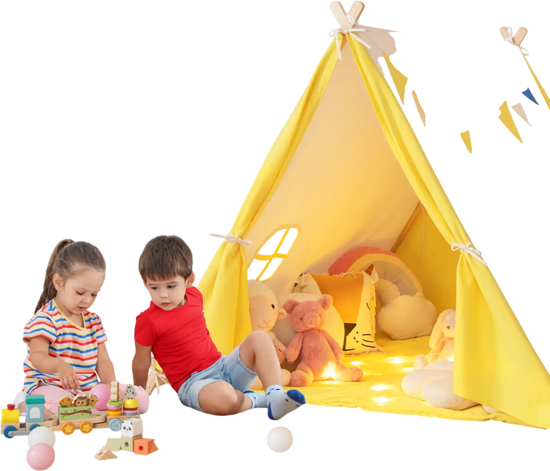 Costway Kids Play Tent Solid Wood Frame Yellow 59634817 New