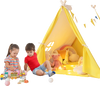 Kids play tent in yellow with solid wood frame, perfect for indoor play and reading, featuring cute windows and flags.