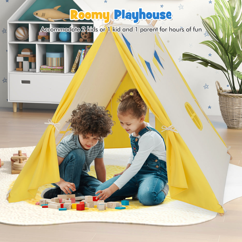 Kids play tent in yellow with solid wood frame, perfect for indoor or outdoor fun for 2 kids or 1 parent and child.