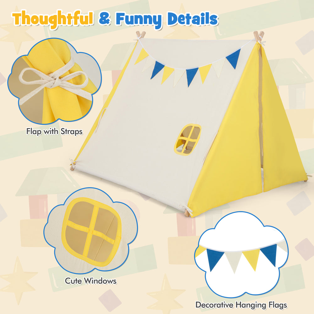 Kids play tent in yellow with cute windows and decorative hanging flags, perfect for indoor and outdoor fun.