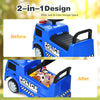 Blue Mercedes Benz kids ride-on police car showing wide seat and hidden storage space for toys and snacks.